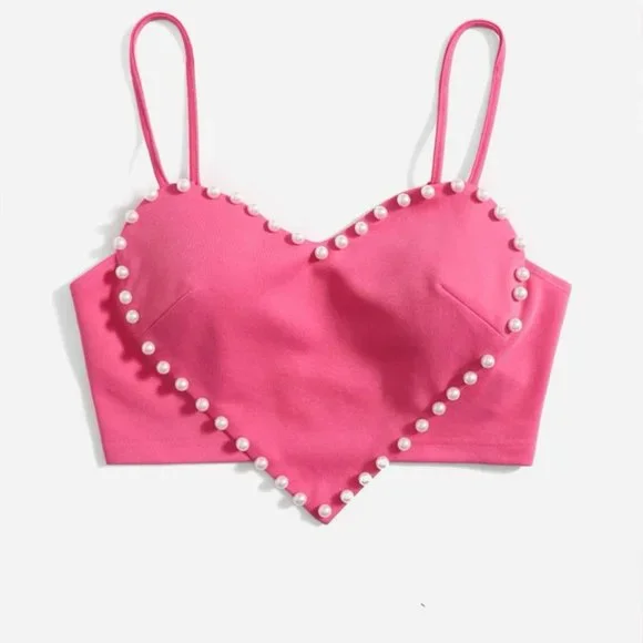 Lace Butik | Tops | Heart Shaped Crop Top Pearl Detail Pink